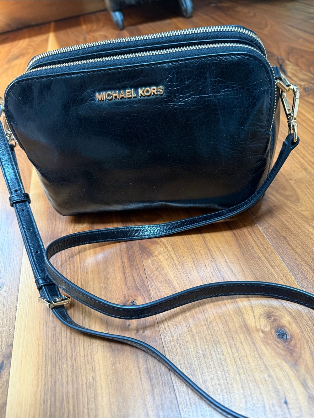 Michael Kors Black Leather Double-Zip Crossbody with Gold Logo